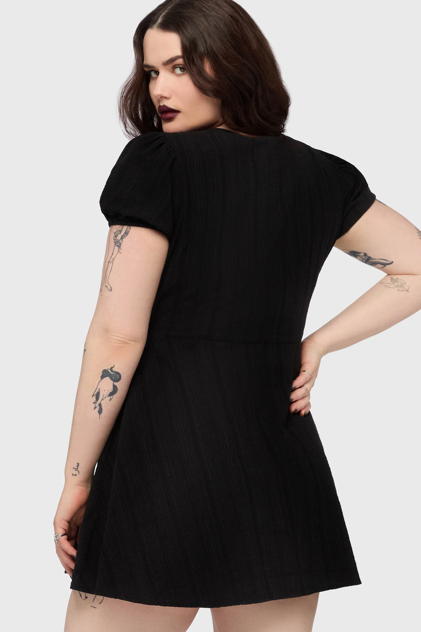 The Hollow Embroidered Mini Dress [Black] - Image 7